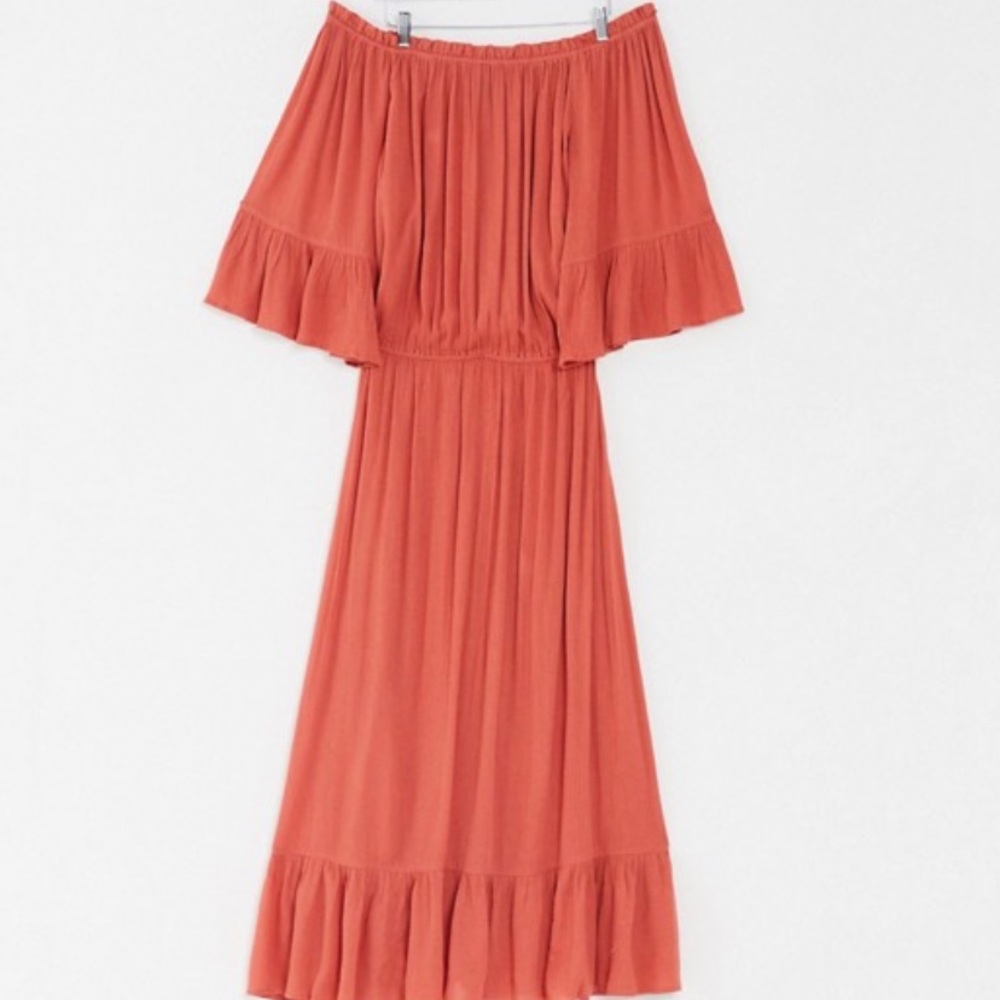 Rust orange of the shoulder maxi dress